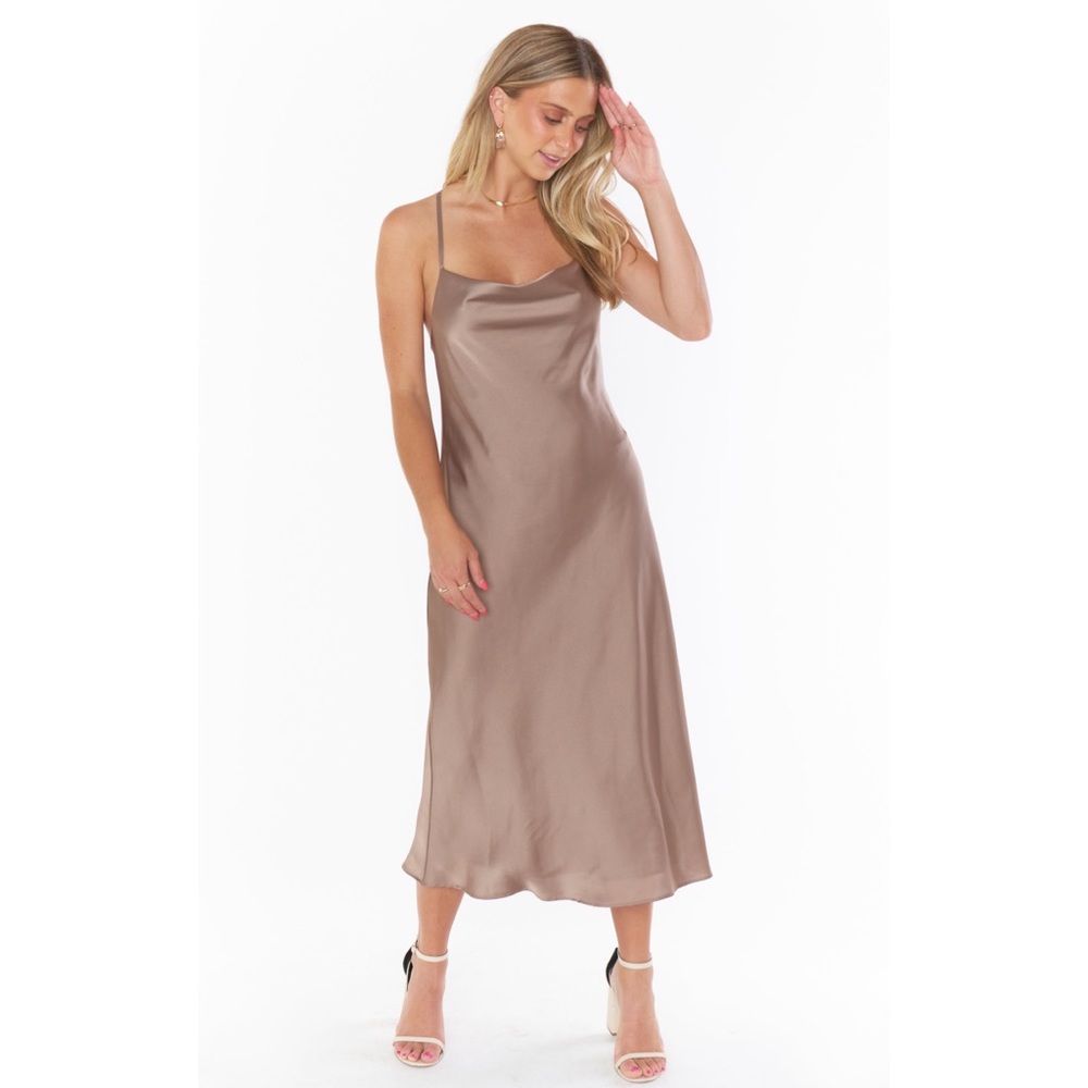 Show Me Your MuMu Satin Midi Dress in Taupe